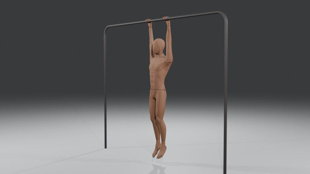 Passive dead hang from a pull-up bar with straight arms and shoulders elevated naturally