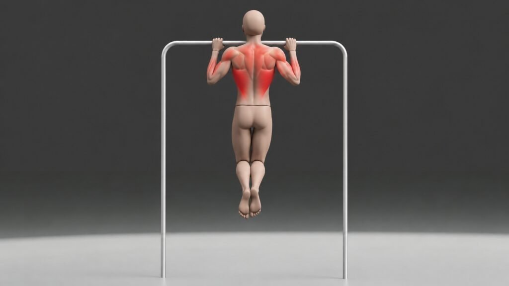 Rear-view illustration of a person performing a pull-up, with the lats, upper-back muscles, shoulders, and arms highlighted in red.