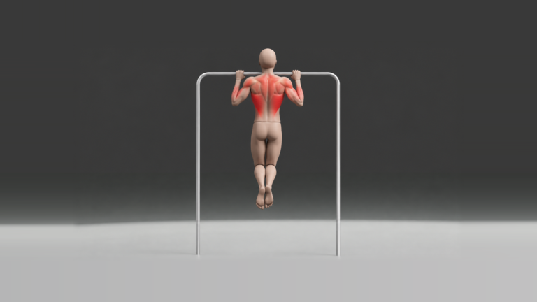 Rear-view illustration of a person performing a pull-up, with the lats, upper-back muscles, shoulders, and arms highlighted in red.