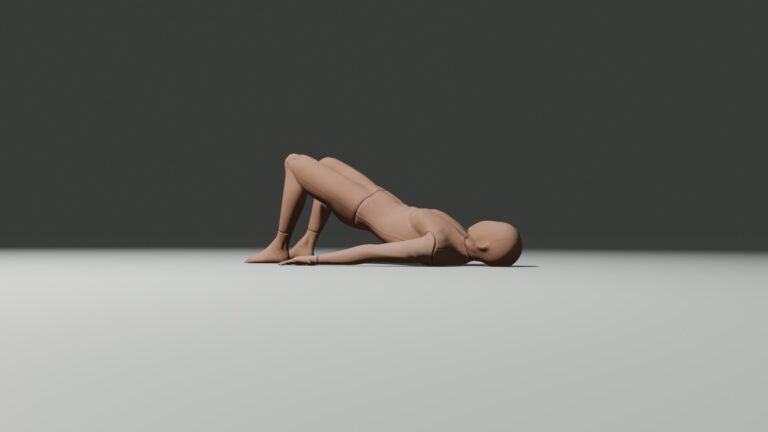 Bodyweight glute bridge at the top position, with feet flat on the floor, knees bent, and hips aligned with the shoulders and knees.
